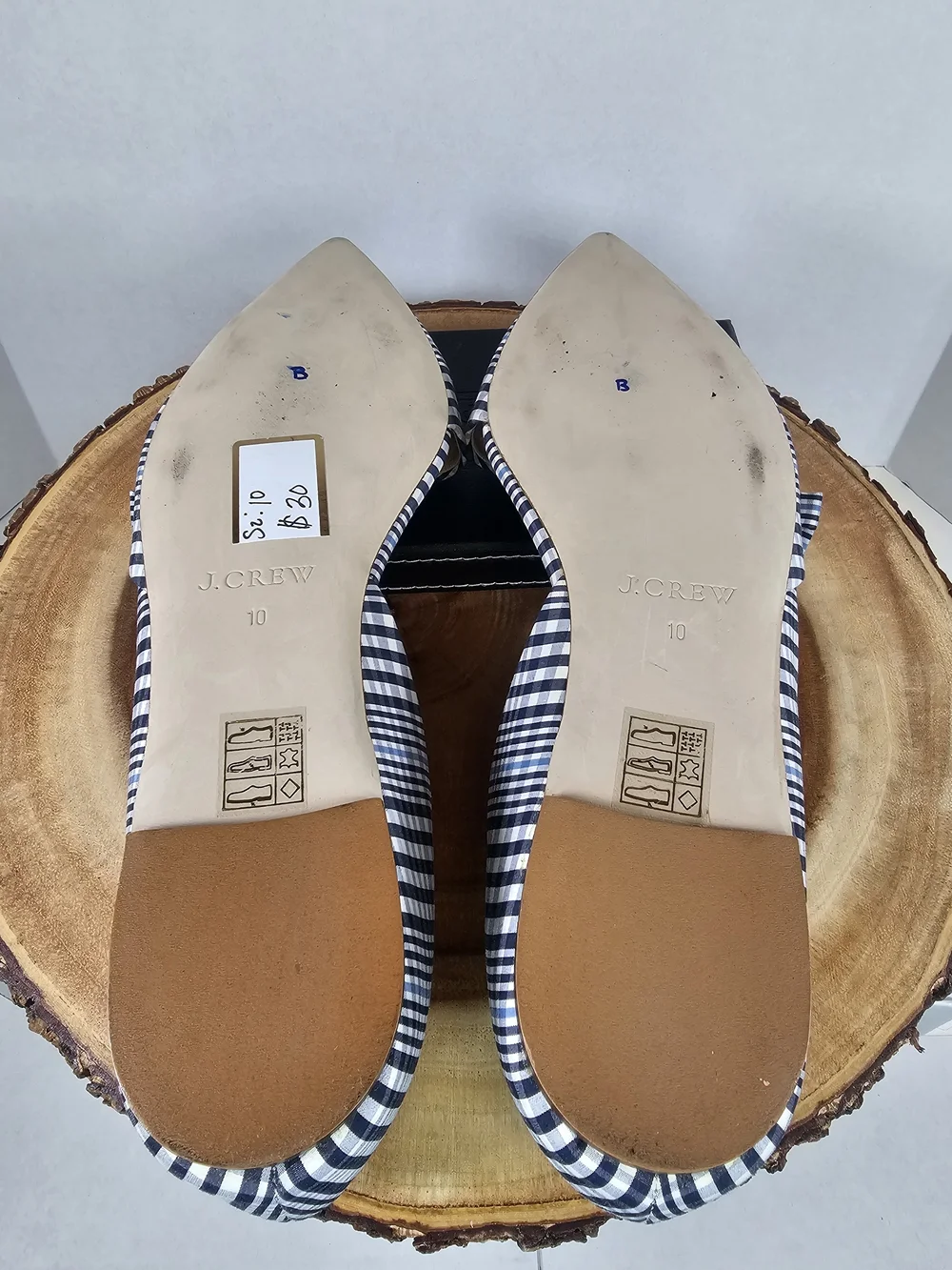 J. Crew Navy and White Gingham Pointed-Toe Flats with Bow
